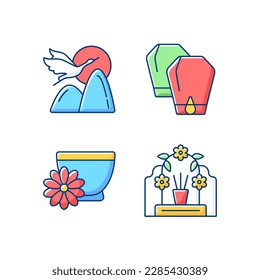 China national holidays RGB color icons set. Crane. Lantern festival. Chrysanthemum tea. Tomb sweeping day. Mythology and symbolism. Honouring deceased ancestors. Isolated vector illustrations