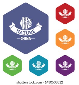 China nature icons vector colorful hexahedron set collection isolated on white