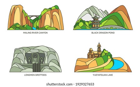 China nature landmarks, landscape and travel places, vector architecture sightseeing places. China Maling river canyon, Buddha Longmen grottoes caves, Black Dragon pond and Yueyatsuan crescent lake