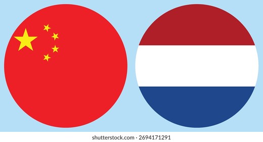 Vector de bandera circular de China y Holanda con fondo azul claro 