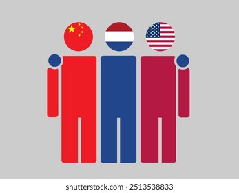 China, Netherlands, and USA National Flags With Embracing Body. Vector Illustration. Isolated background.