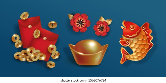 China New Year, set of red golden objects for festive design isolated on blue background. Symbols of prosperity and success peony, red gift envelope for money, 3d coins, gold ingot, carp fish. Vector