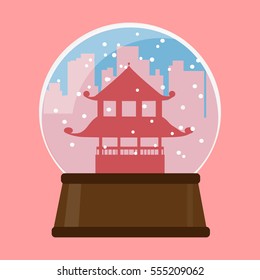China New Year. Tradition China building in snow globe