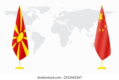 China and Northern Macedonia flags for official meeting against background of world map.