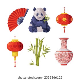 China Object and Traditional Cultural Chinese Symbol Vector Illustration Set