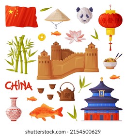 China Object and Traditional Cultural Symbol with Chinese Wall and Pagoda Vector Set