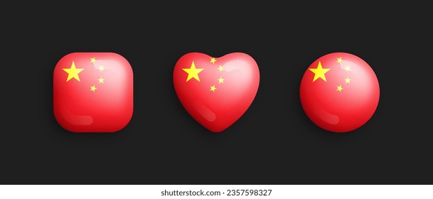 China Official National Flag 3D Vector Glossy Icons In Rounded Square, Heart And Circle Form Isolated On Background. Chinese Sign And Symbols Graphic Design Elements Volumetric Buttons Collection
