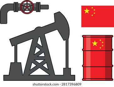 China oil industry vector elements set with national flag, petroleum barrel, pump jack and pipeline valve design