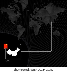 China on black World Map. Map and flag of China.