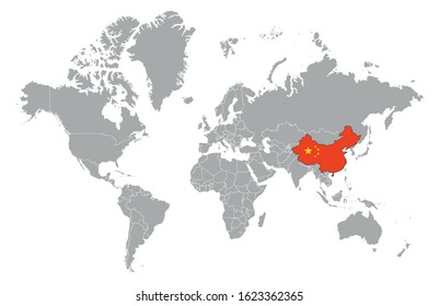 China on detailed world map. With overlay China flag. The location of the country of China on the world map.