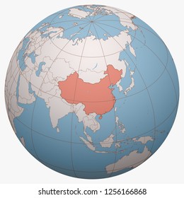 China on the globe. Earth hemisphere centered at the location of the People's Republic of China (PRC). China map.