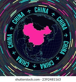 China on globe. Satellite view of the world centered on China. Bright neon style. Futuristic radial bricks background. Stylish vector illustration.