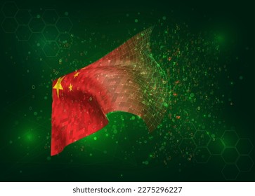 China, on vector 3d flag on green background with polygons and data numbers