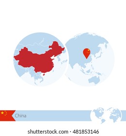 China on world globe with flag and regional map of China. Vector Illustration.
