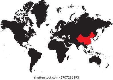 China en el mapa mundial Silueta de Vector editable