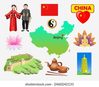 China. Outline of the country, food and national clothing. Set of clip arts vector illustration