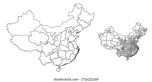 China outline map vector with administrative borders, regions, municipalities, departments in black white colors