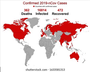 China pathogen respiratory coronavirus 2019-nCoV outbreak. 2019-nCoV. Flat world vector map with infographics. Infected countries. 2019-nCoV infographics. Every country in separete layer.