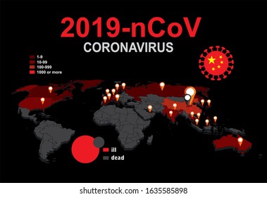 China pathogen respiratory coronavirus 2019-nCoV outbreak. 2019-nCoV. Flat world vector map with infographics. Infected countries. 2019-nCoV infographics. Dangerous chinese ncov corona virus.