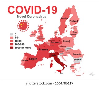China pathogen respiratory coronavirus COVID-19 outbreak. 2019-nCoV. Flat European Union vector map with infographics. Infected countries. 2019-nCoV infographics. Dangerous chinese ncov corona virus.