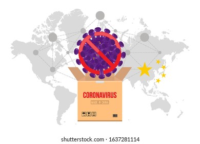 China pathogen respiratory coronavirus with stop sign. Bacteria in a parcel from China on the background world map. Floating flu virus and cancer cells. Flat vector illustration EPS10