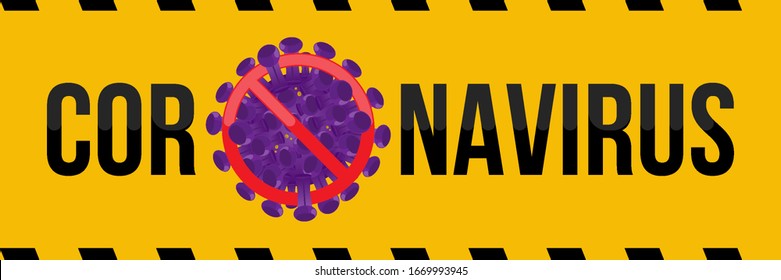 Coronavirus respiratorio patógeno de China con signo de interrupción. La gripe se esparce por el mundo. Virus de la gripe flotante y células cancerosas de fondo amarillo. Ilustración vectorial plana EPS10