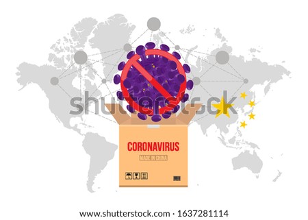 China pathogen respiratory coronavirus with stop sign. Bacteria in a parcel from China on the background world map. Floating flu virus and cancer cells. Flat vector illustration EPS10
