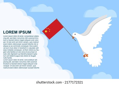 China peace concept with text area, Dove of Peace bird with China flag in its beak, dove flying in the clouds, vector illustration design, China peace day template, freedom idea