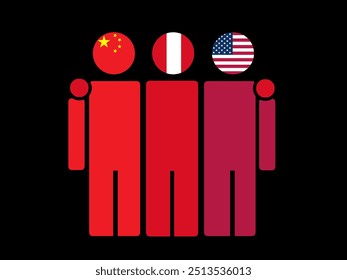 China, Peru, and USA National Flags With Embracing Body. Vector Illustration. Isolated background.
