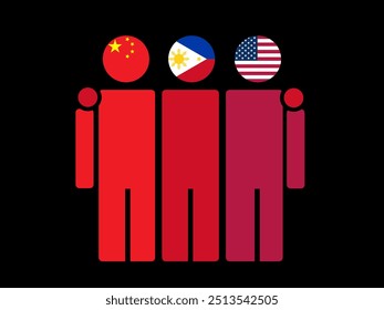China, Philippines, and USA National Flags With Embracing Body. Vector Illustration. Isolated background.