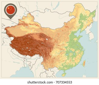 China Physical Map Retro Colors. No text. High detailed China Relief map with labeling.