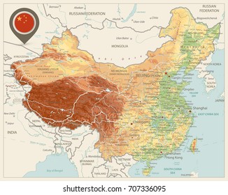 China Physical Map Retro Colors. High detailed China Relief map with labeling.