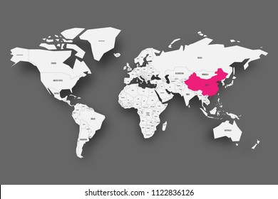 China pink highlighted in map of World. Light grey simplified map with dropped shadow on dark grey background. Vector illustration.