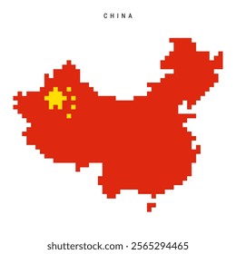 China pixel flag map icon. 8 bit pixel art Chinese map covered with flag. Flat vector illustration isolated on white background.