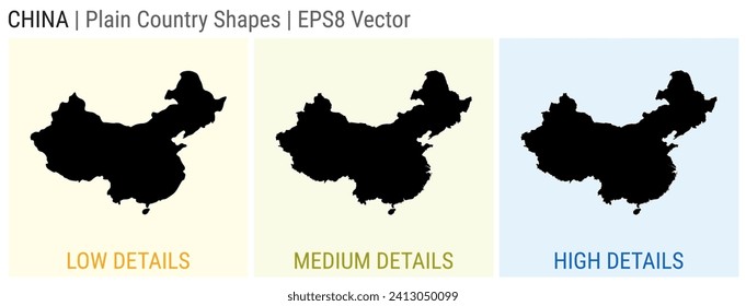 China - plain country shape. Low, medium and high detailed maps of China. EPS8 Vector illustration.