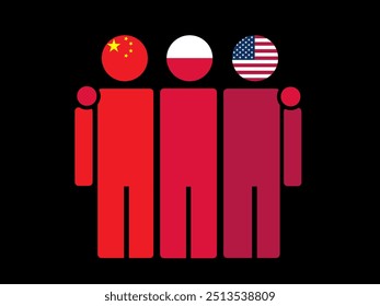 China, Poland, and USA National Flags With Embracing Body. Vector Illustration. Isolated background.