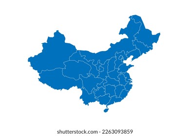 China political map of administrative divisions - provinces, autonomous regions and municipalities. Solid blue blank vector map with white borders.