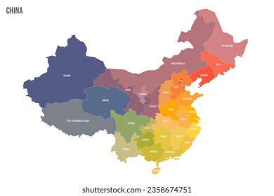 China political map of administrative divisions - provinces, autonomous regions and municipalities. Colorful spectrum political map with labels and country name.