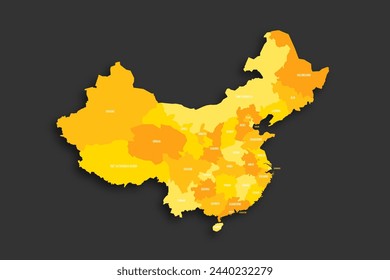 China political map of administrative divisions - provinces, autonomous regions and municipalities. Yellow shade flat vector map with name labels and dropped shadow isolated on dark grey background.
