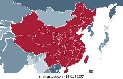 China political map with individual colors,isolated on white background for website layouts,background,education, precise,customizable,Travel worldwide,map silhouette backdrop,earth geography.