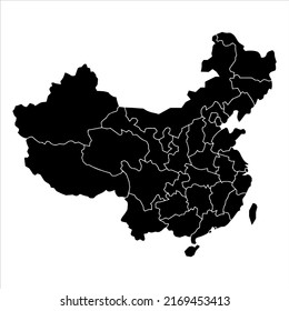 Mapa político de China. Poco detallado. Sólido estilo simple. Blanco y negro. Vector editable