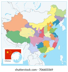 China Political Map. No text. Detailed vector map of China with cities, roads, railroads, rivers and lakes.