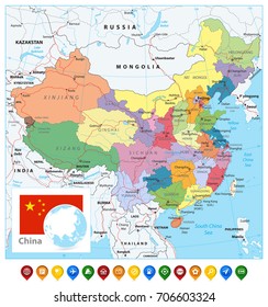 China Political Map and Map Pointers. Detailed vector map of China with cities, roads, railroads, rivers and lakes.