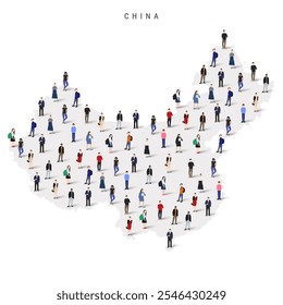 Mapa da população da China. Grande grupo de realista uma multidão diversificada de pessoas figura em uma forma de mapa chinês. Ilustração de vetor plano isolada em branco.