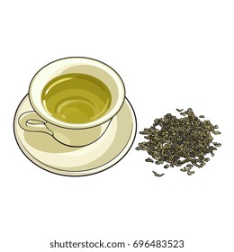 China, porcelain cup and pile of dry green tea, sketch vector illustration isolated on white background. Hand drawn porcelain, china mug and saucer set with pile, heap of green tea