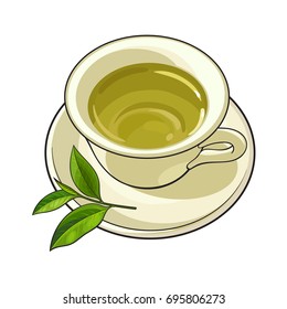 China, porcelain cup, saucer and fresh green tea leaf, sketch vector illustration isolated on white background. Hand drawn porcelain, china mug and saucer set with green tea leaf
