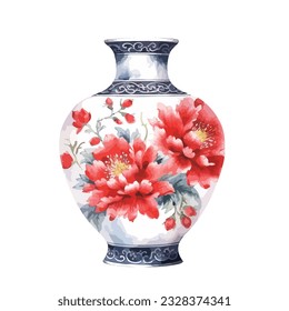 China porcelain vase with flower pattern in watercolor illustration