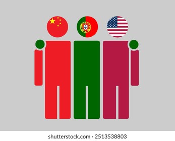 China, Portugal, and USA National Flags With Embracing Body. Vector Illustration. Isolated background.