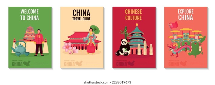 China poster flat set with travel landmarks and cultural symbols isolated vector illustration