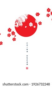 China poster template. Sun, cherry flowers and paint stains. Minimal chinses design. Asia dream.